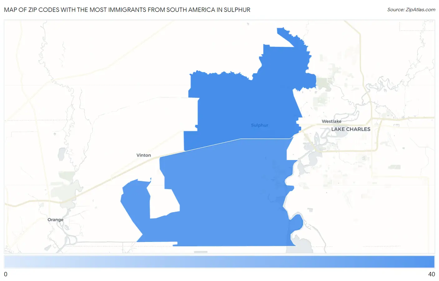 Zip Codes with the Most Immigrants from South America in Sulphur Map