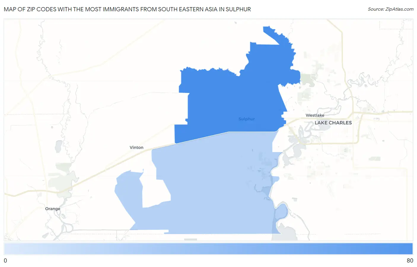 Zip Codes with the Most Immigrants from South Eastern Asia in Sulphur Map