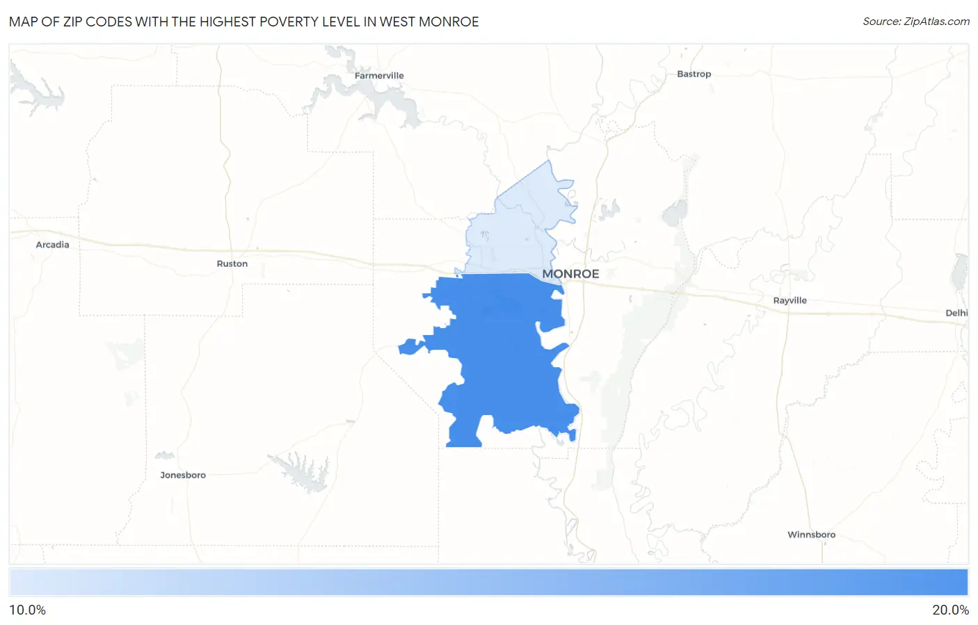 Zip Codes with the Highest Poverty Level in West Monroe Map