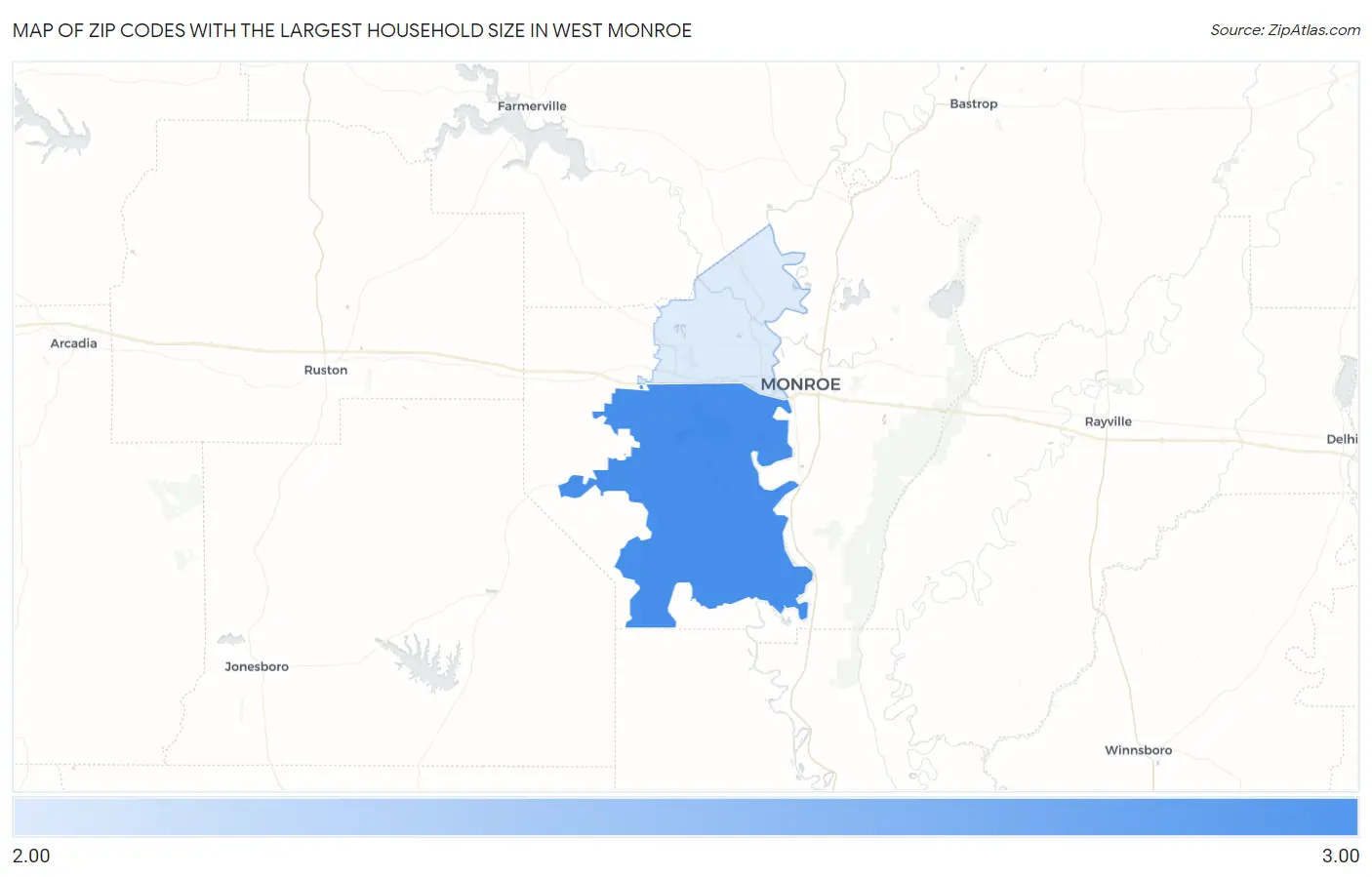 Zip Codes with the Largest Household Size in West Monroe Map