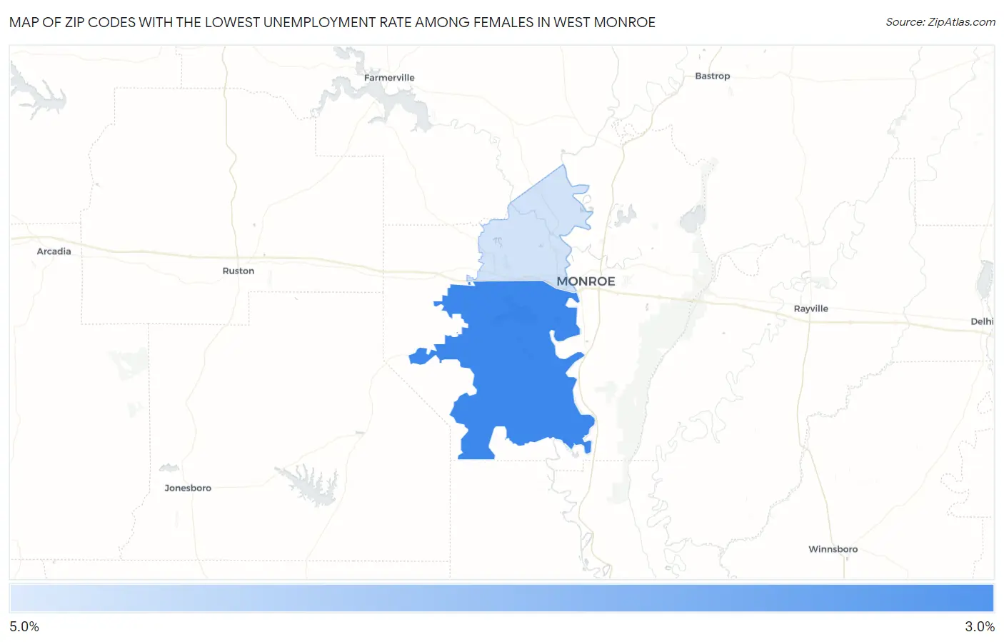 Zip Codes with the Lowest Unemployment Rate Among Females in West Monroe Map