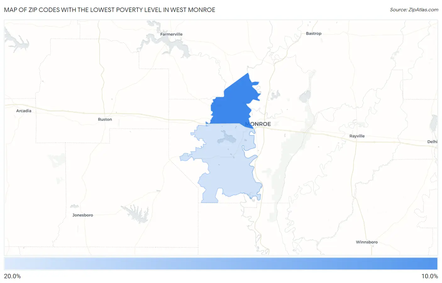 Zip Codes with the Lowest Poverty Level in West Monroe Map