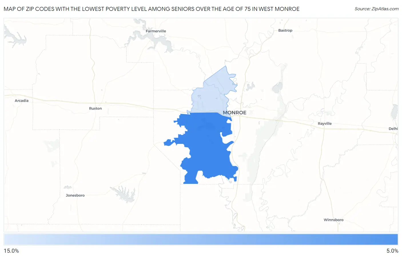 Zip Codes with the Lowest Poverty Level Among Seniors Over the Age of 75 in West Monroe Map