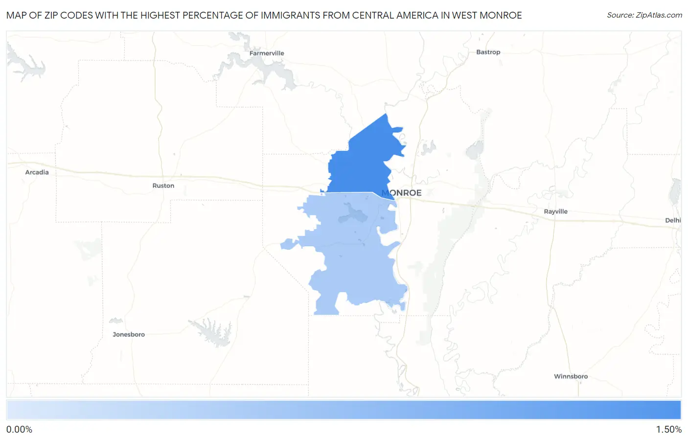 Zip Codes with the Highest Percentage of Immigrants from Central America in West Monroe Map