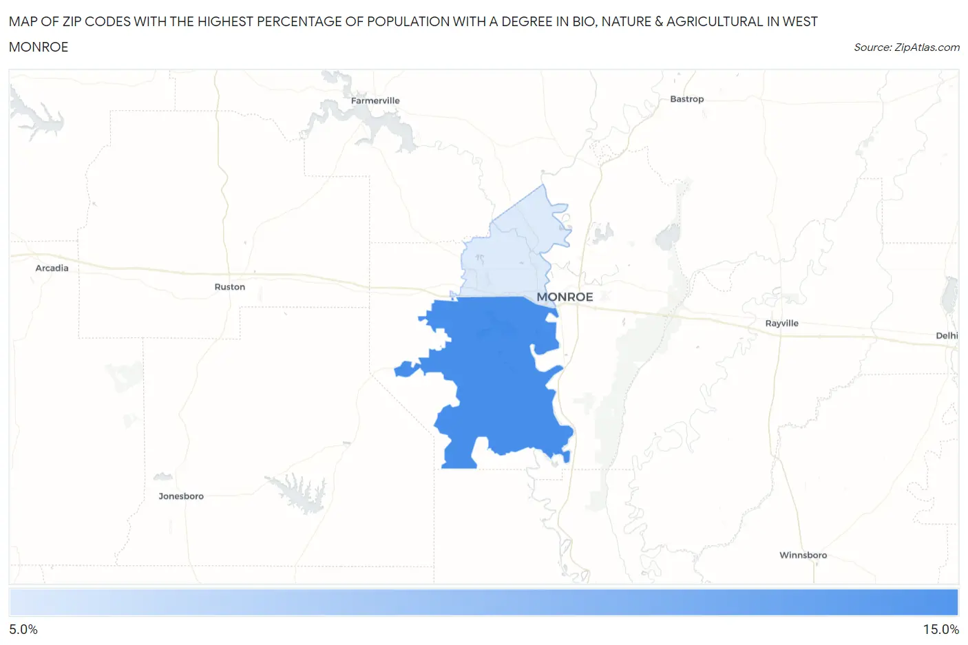 Zip Codes with the Highest Percentage of Population with a Degree in Bio, Nature & Agricultural in West Monroe Map