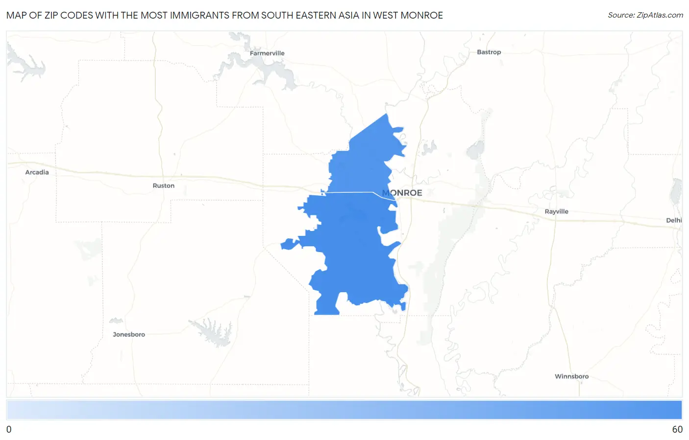 Zip Codes with the Most Immigrants from South Eastern Asia in West Monroe Map
