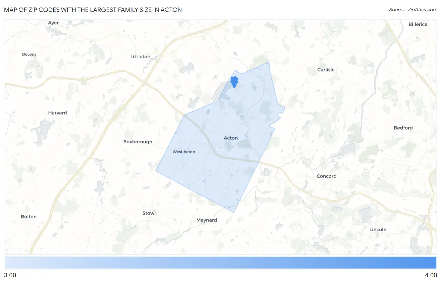 Zip Codes with the Largest Family Size in Acton Map