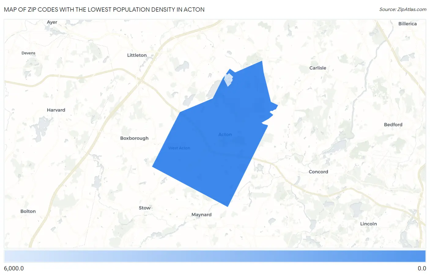 Zip Codes with the Lowest Population Density in Acton Map
