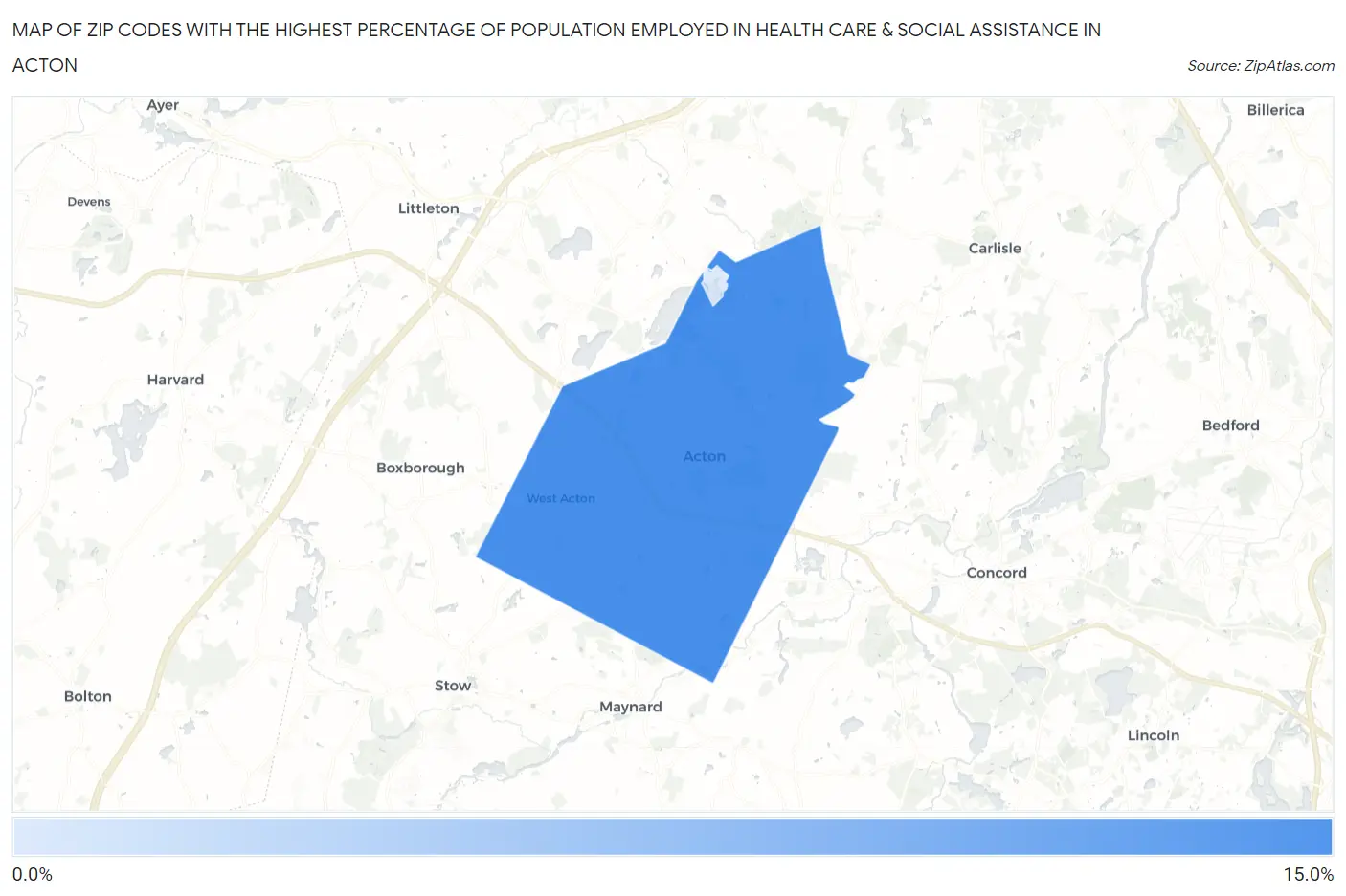 Zip Codes with the Highest Percentage of Population Employed in Health Care & Social Assistance in Acton Map