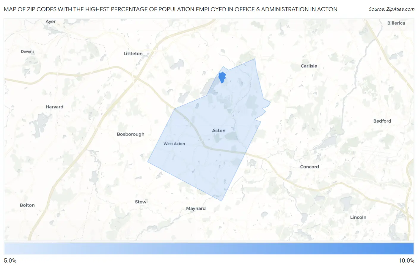 Zip Codes with the Highest Percentage of Population Employed in Office & Administration in Acton Map