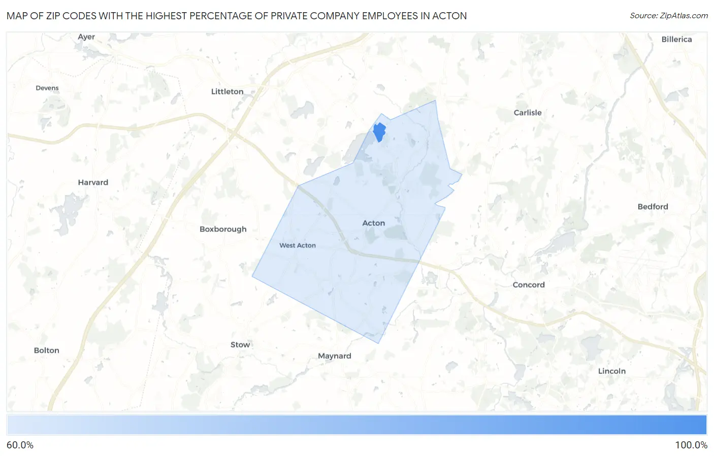 Zip Codes with the Highest Percentage of Private Company Employees in Acton Map