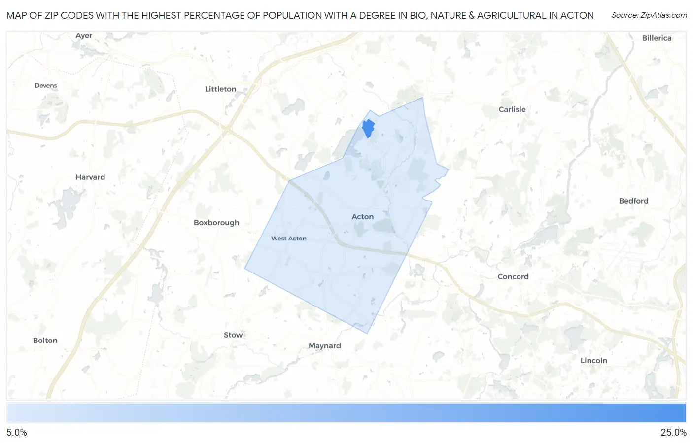 Zip Codes with the Highest Percentage of Population with a Degree in Bio, Nature & Agricultural in Acton Map