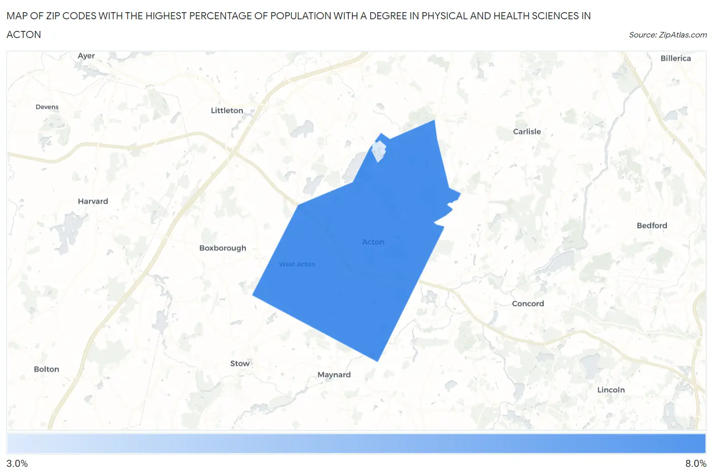 Zip Codes with the Highest Percentage of Population with a Degree in Physical and Health Sciences in Acton Map