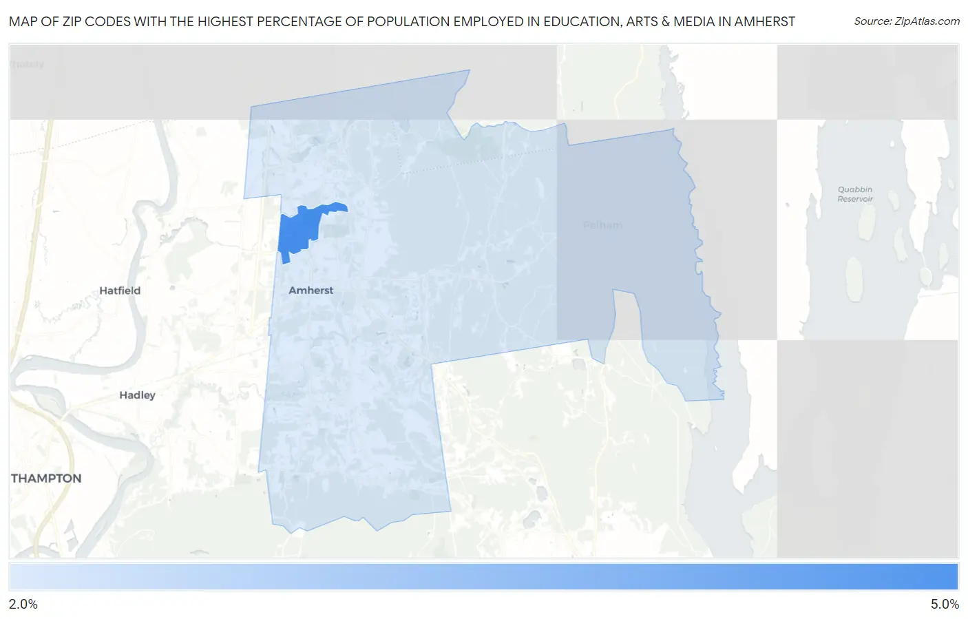 Zip Codes with the Highest Percentage of Population Employed in Education, Arts & Media in Amherst Map