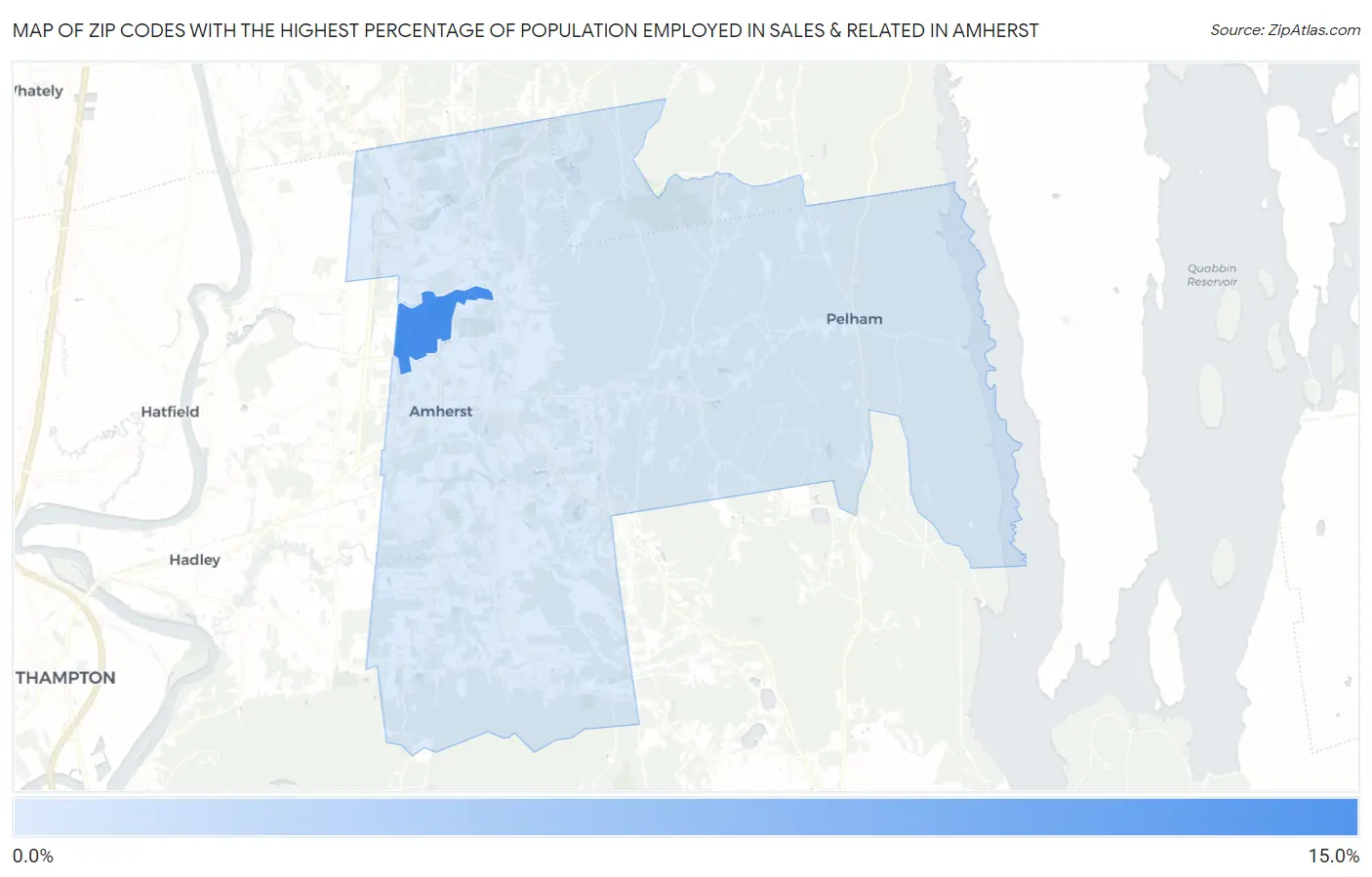 Zip Codes with the Highest Percentage of Population Employed in Sales & Related in Amherst Map