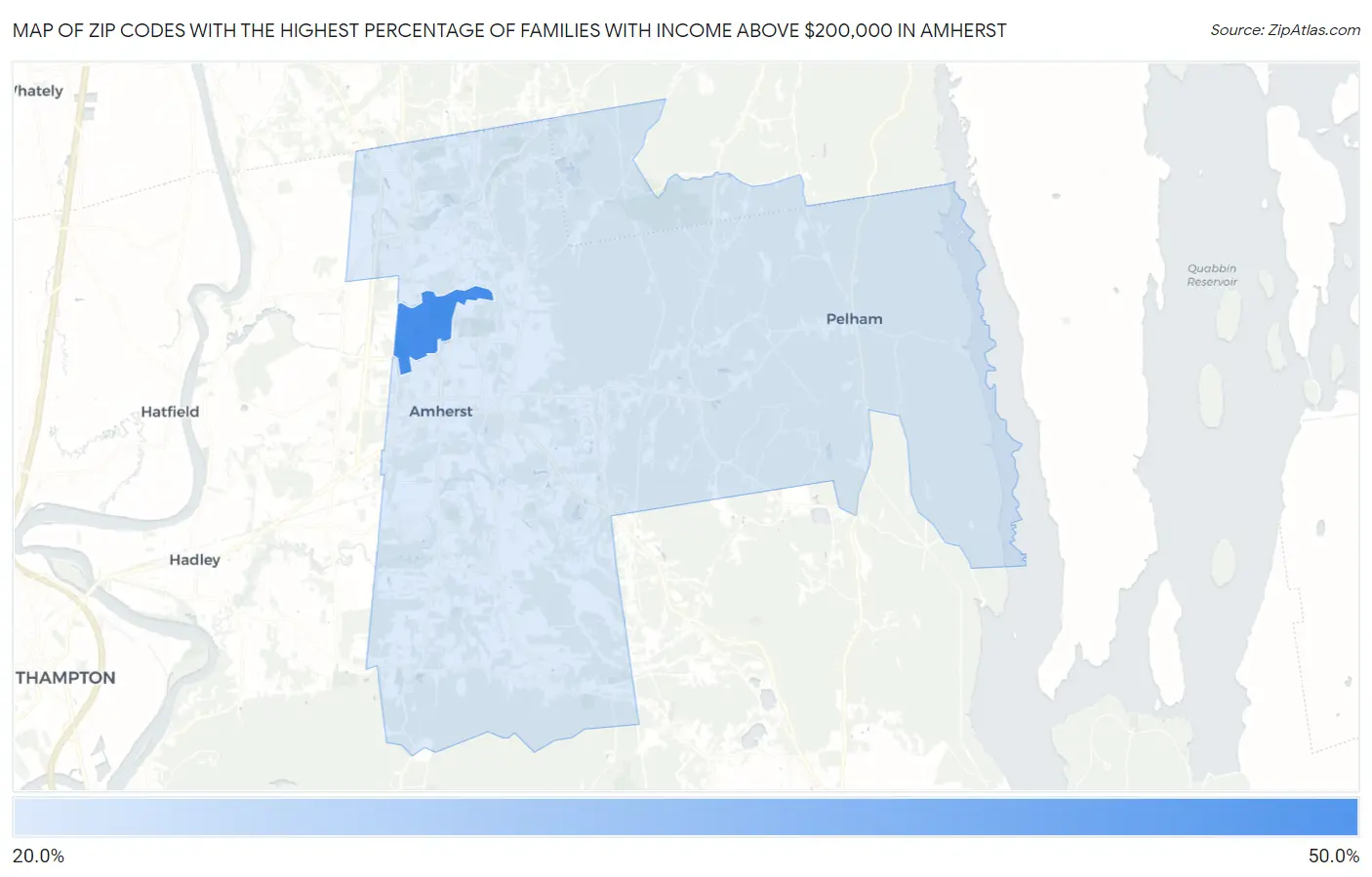 Zip Codes with the Highest Percentage of Families with Income Above $200,000 in Amherst Map