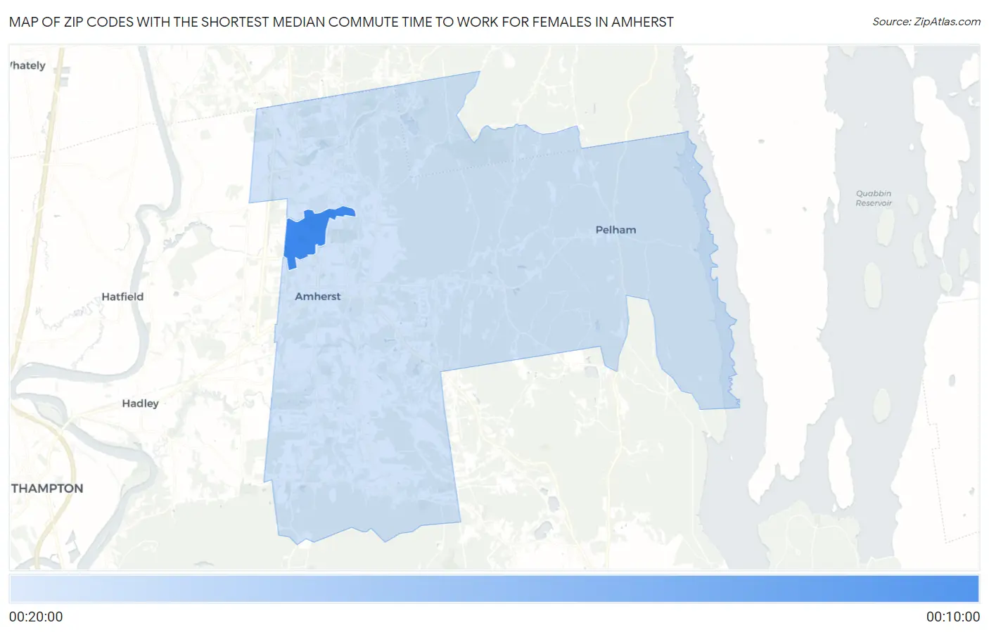 Zip Codes with the Shortest Median Commute Time to Work for Females in Amherst Map