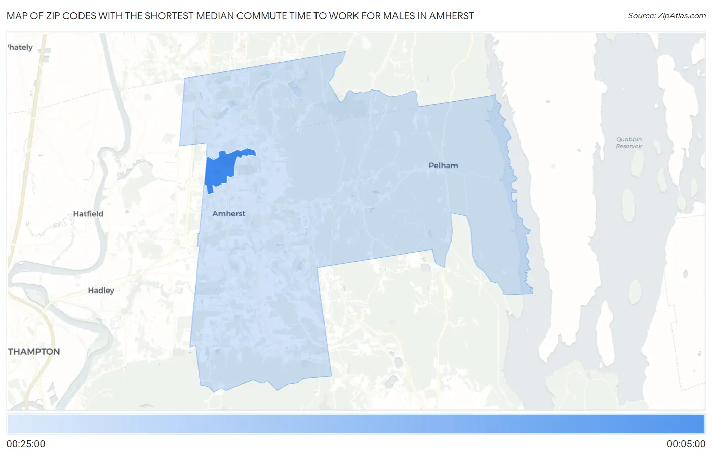 Zip Codes with the Shortest Median Commute Time to Work for Males in Amherst Map