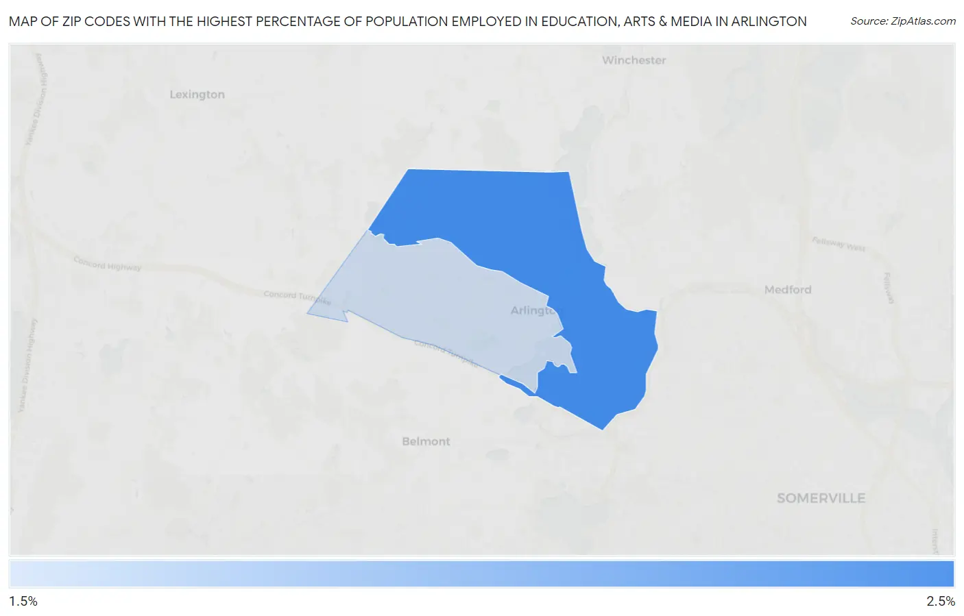 Zip Codes with the Highest Percentage of Population Employed in Education, Arts & Media in Arlington Map
