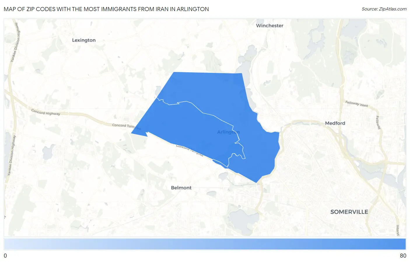 Zip Codes with the Most Immigrants from Iran in Arlington Map
