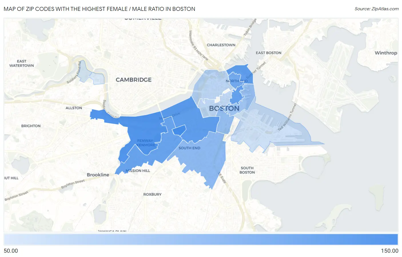 Zip Codes with the Highest Female / Male Ratio in Boston Map
