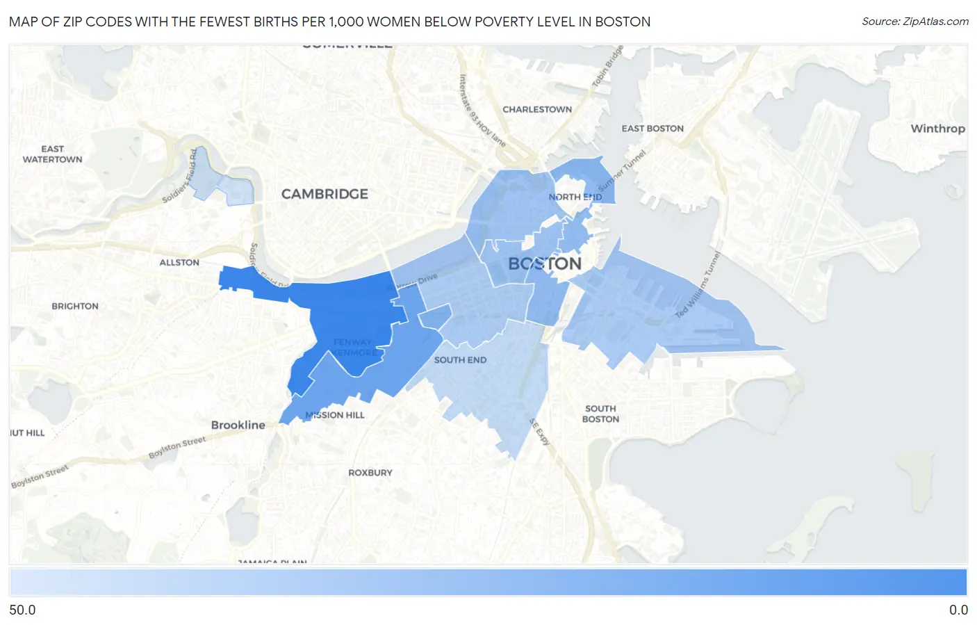 Zip Codes with the Fewest Births per 1,000 Women Below Poverty Level in Boston Map