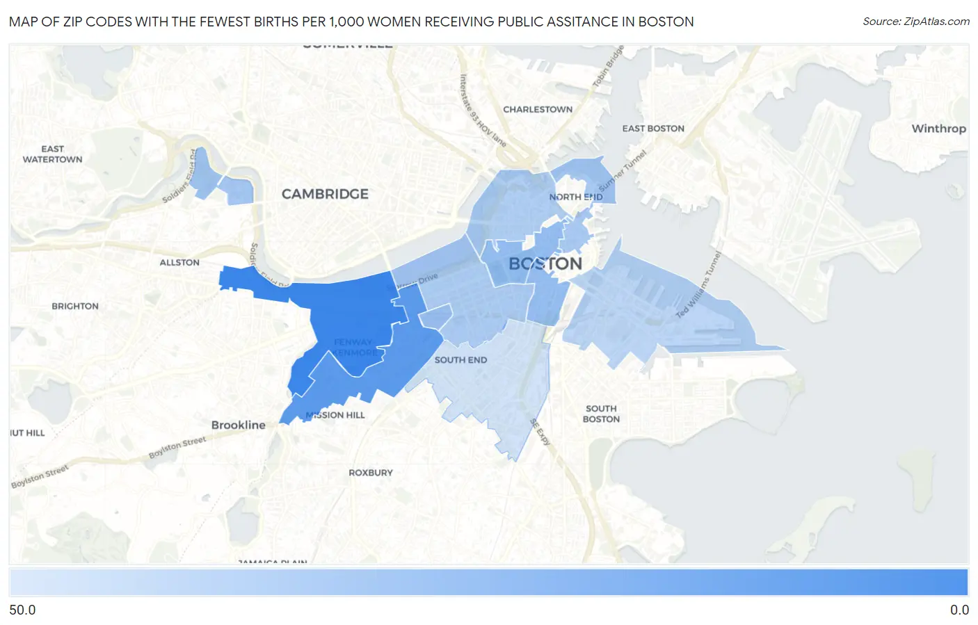 Zip Codes with the Fewest Births per 1,000 Women Receiving Public Assitance in Boston Map