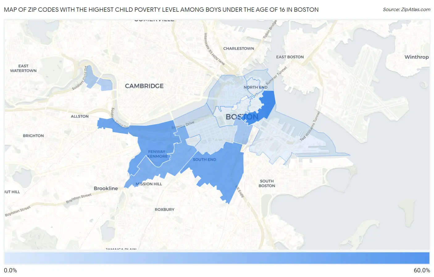 Zip Codes with the Highest Child Poverty Level Among Boys Under the Age of 16 in Boston Map
