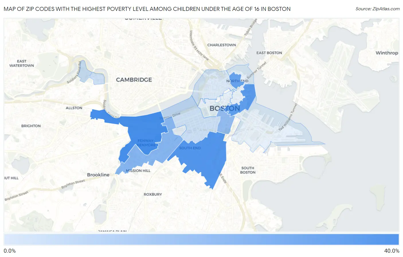 Zip Codes with the Highest Poverty Level Among Children Under the Age of 16 in Boston Map