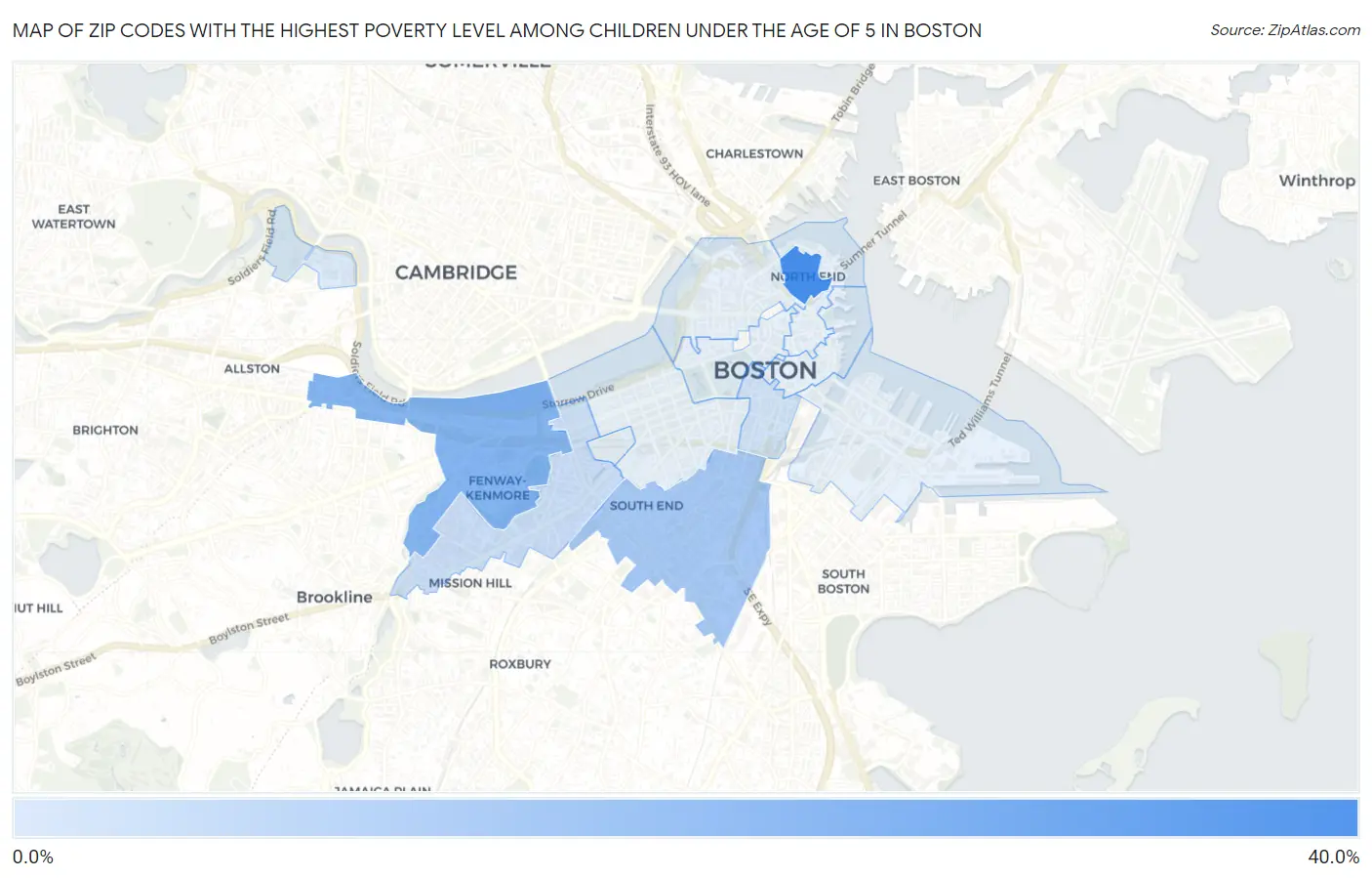 Zip Codes with the Highest Poverty Level Among Children Under the Age of 5 in Boston Map