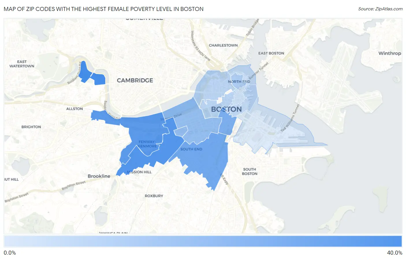 Zip Codes with the Highest Female Poverty Level in Boston Map