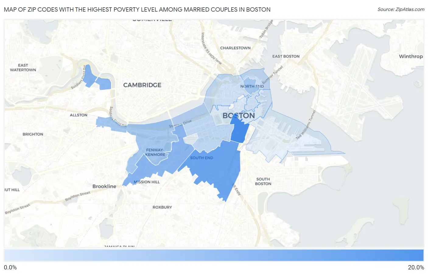 Zip Codes with the Highest Poverty Level Among Married Couples in Boston Map