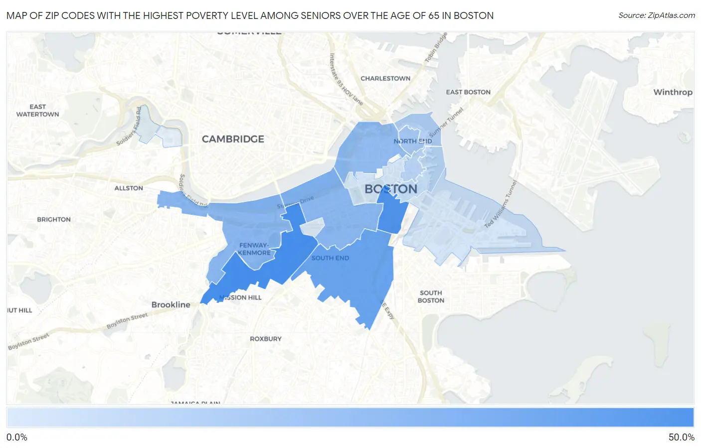Zip Codes with the Highest Poverty Level Among Seniors Over the Age of 65 in Boston Map