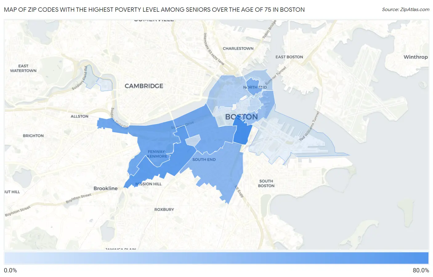 Zip Codes with the Highest Poverty Level Among Seniors Over the Age of 75 in Boston Map