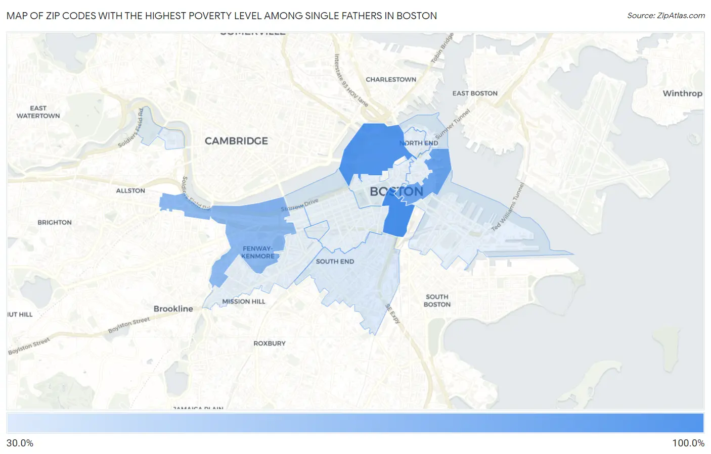 Zip Codes with the Highest Poverty Level Among Single Fathers in Boston Map