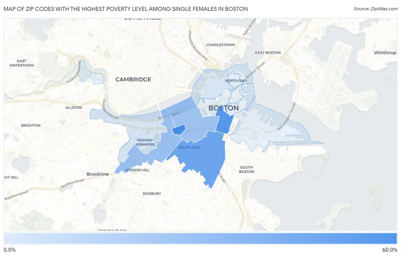 Zip Codes with the Highest Poverty Level Among Single Females in Boston Map