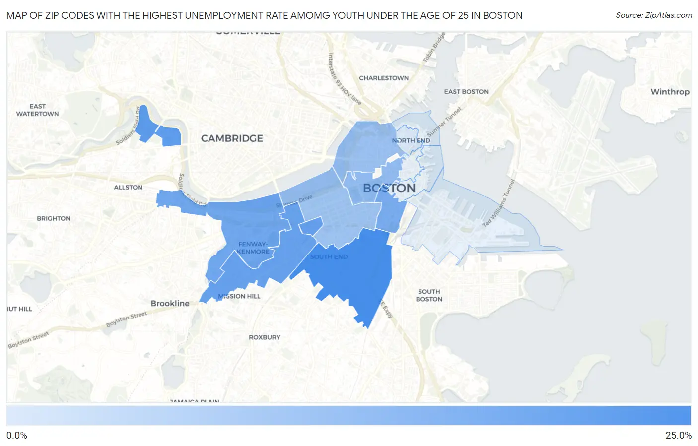 Zip Codes with the Highest Unemployment Rate Amomg Youth Under the Age of 25 in Boston Map