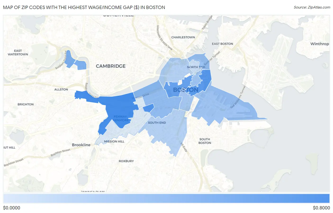 Zip Codes with the Highest Wage/Income Gap ($) in Boston Map