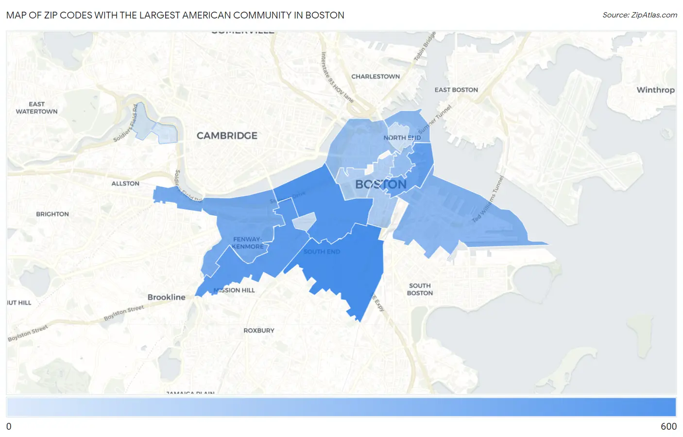 Zip Codes with the Largest American Community in Boston Map