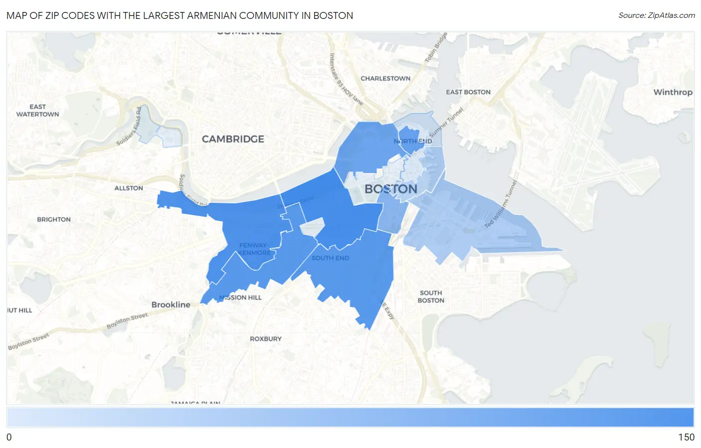 Zip Codes with the Largest Armenian Community in Boston Map