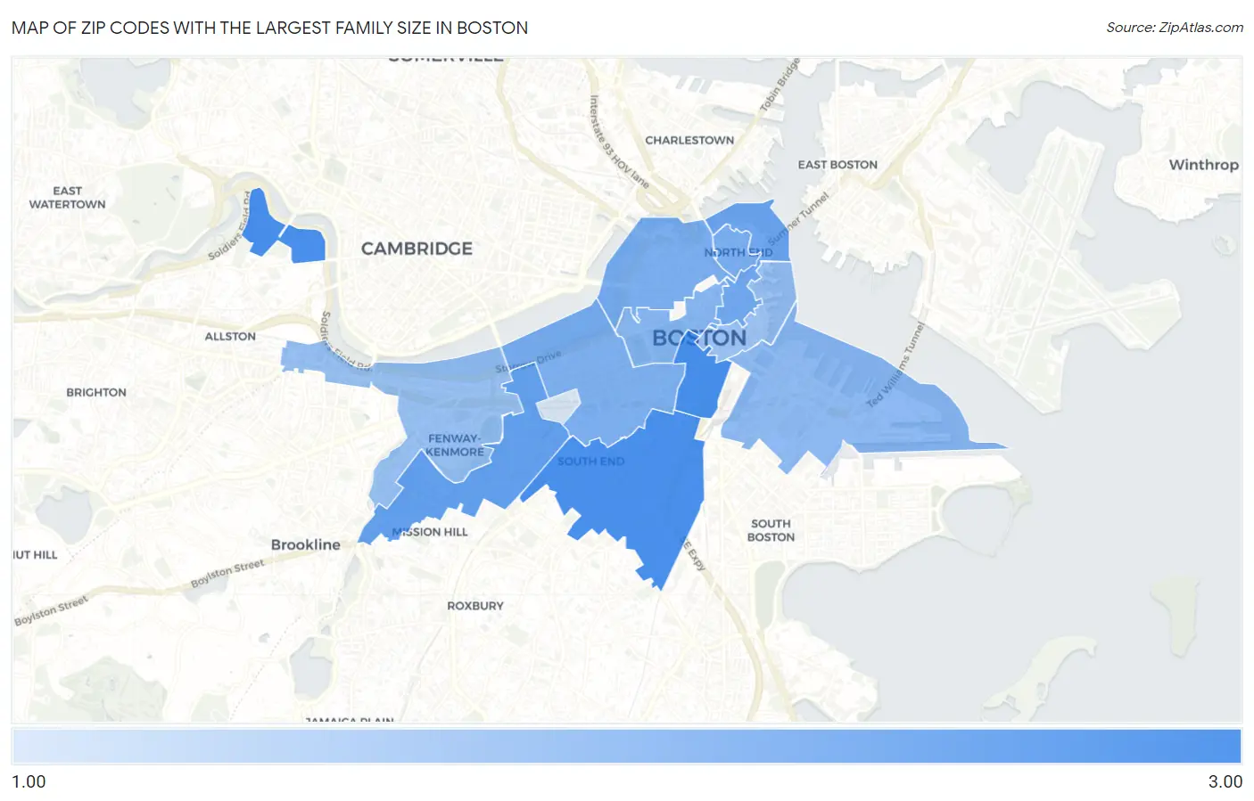 Zip Codes with the Largest Family Size in Boston Map