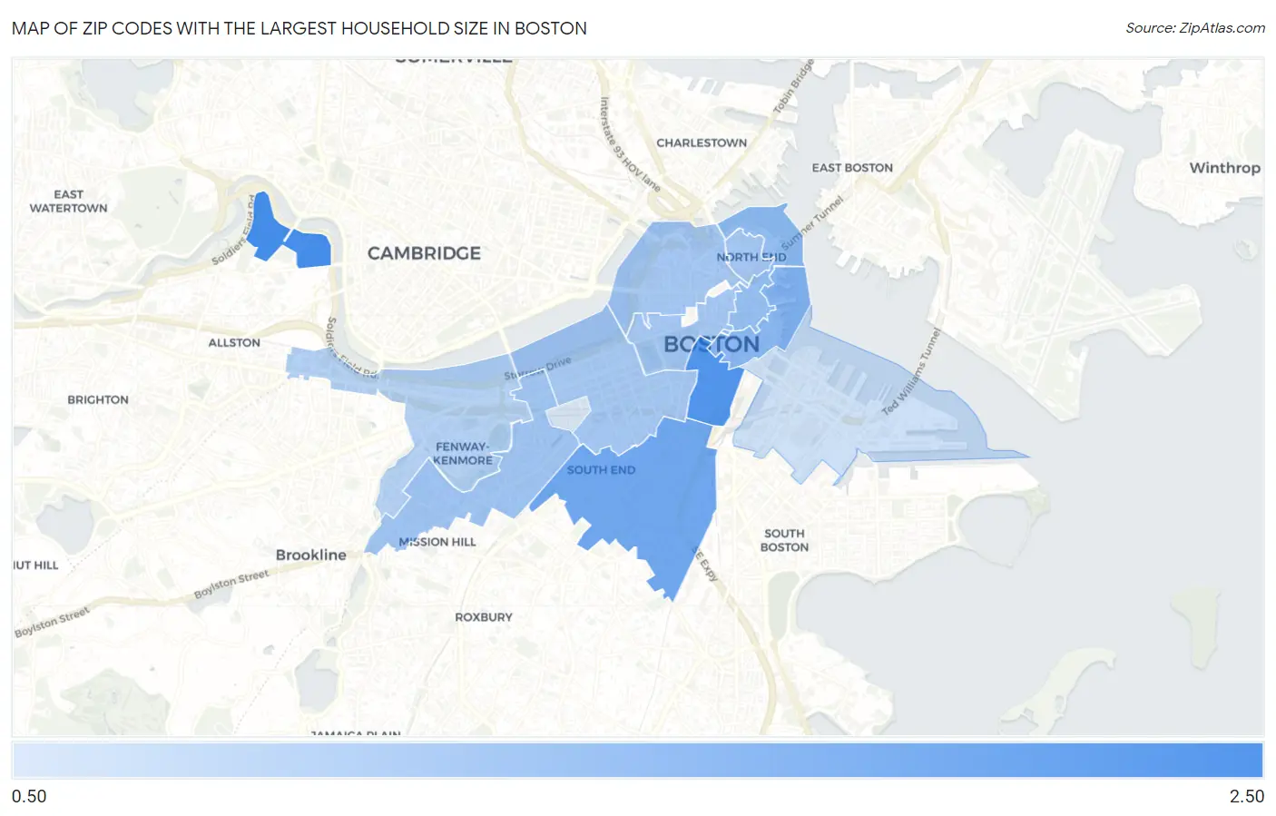 Zip Codes with the Largest Household Size in Boston Map