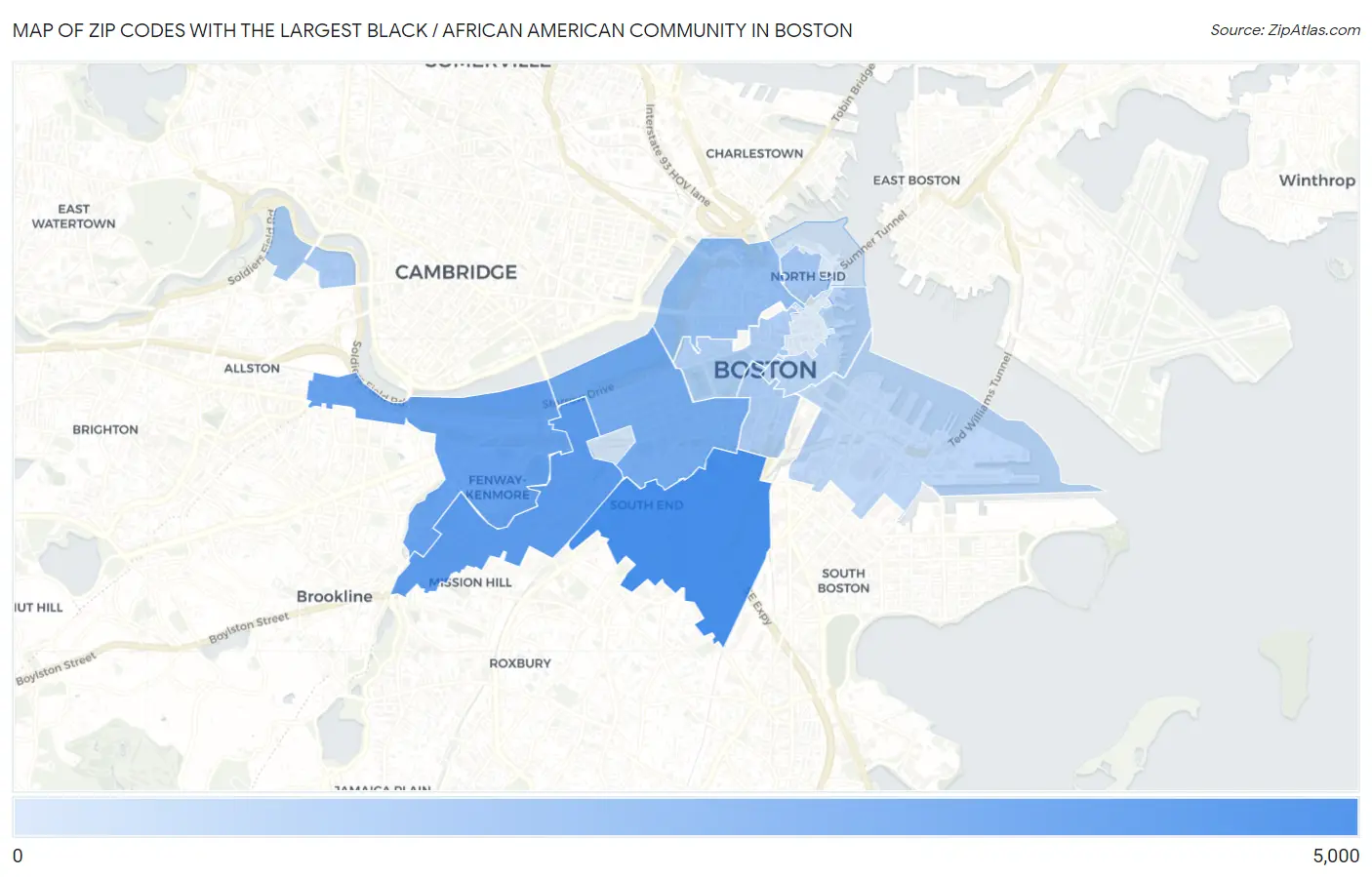 Zip Codes with the Largest Black / African American Community in Boston Map