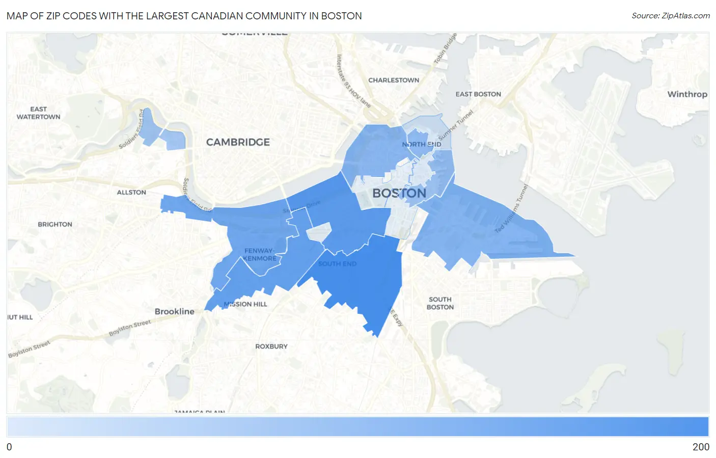 Zip Codes with the Largest Canadian Community in Boston Map