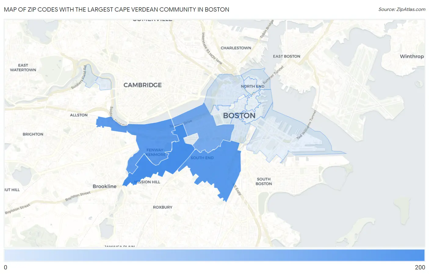 Zip Codes with the Largest Cape Verdean Community in Boston Map