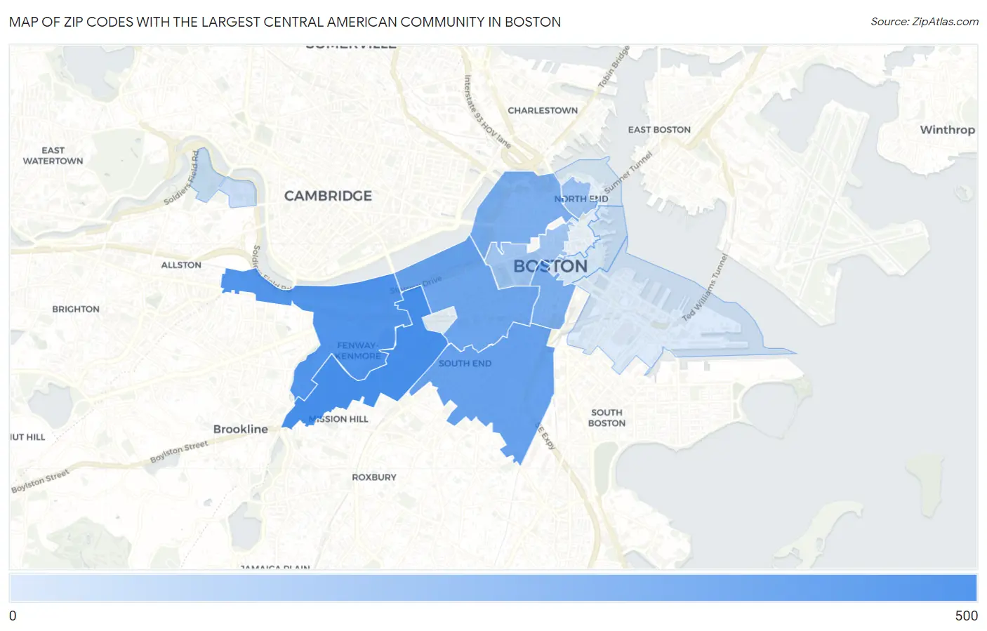 Zip Codes with the Largest Central American Community in Boston Map