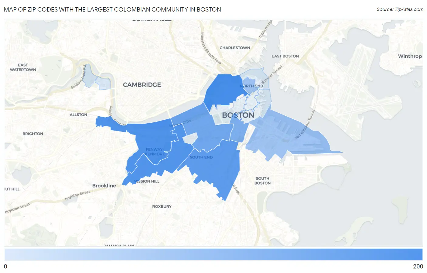 Zip Codes with the Largest Colombian Community in Boston Map