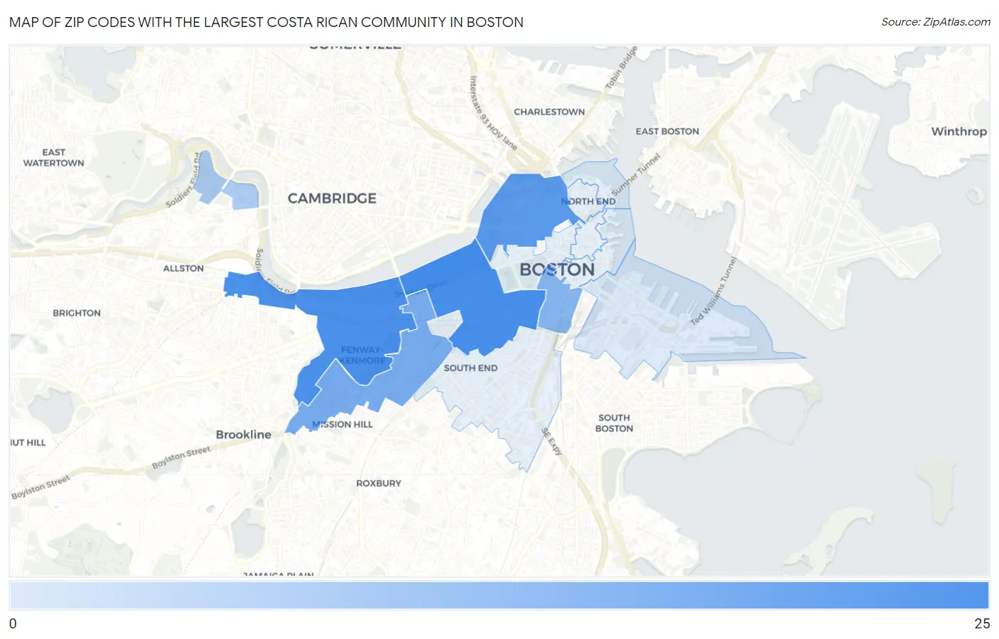 Zip Codes with the Largest Costa Rican Community in Boston Map