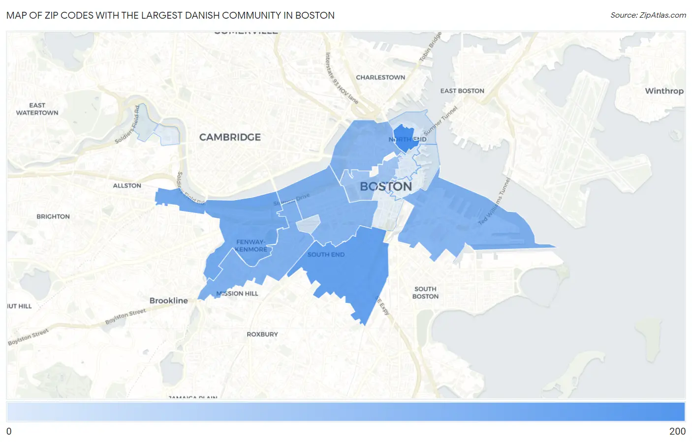 Zip Codes with the Largest Danish Community in Boston Map