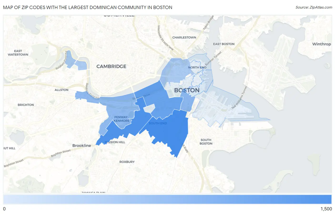 Zip Codes with the Largest Dominican Community in Boston Map